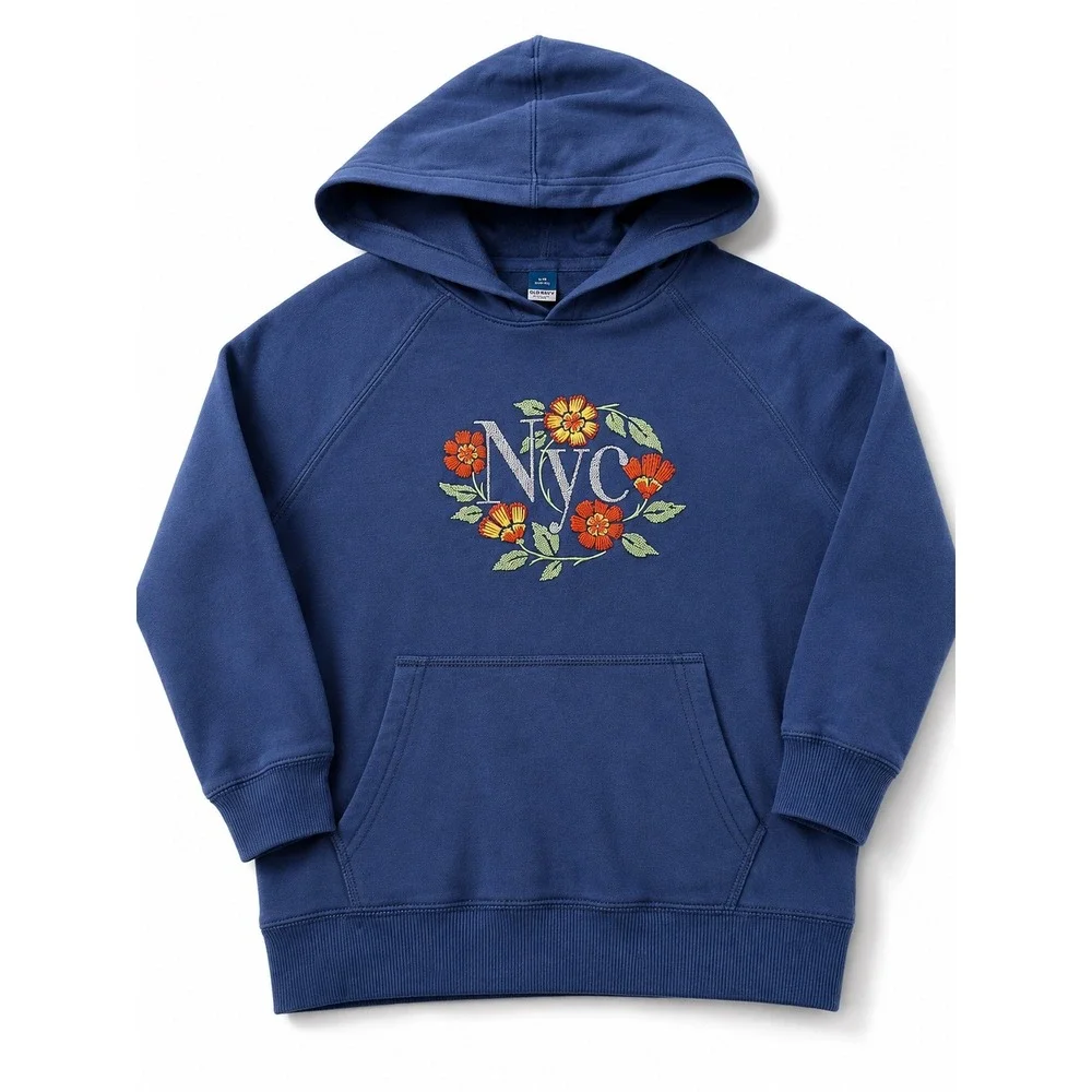 Old Navy Girls Navy Blue NYC Floral Embroidered Oversized Hoodie Sweatshirt Sz 8